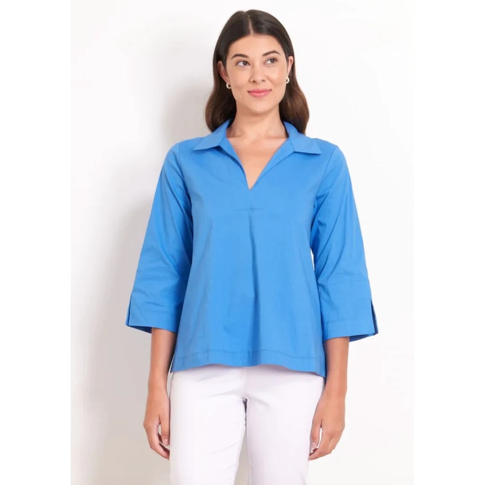 Foil Full Swing Stretch V Neck Trapeze Blue Blouse Casual Top Luxury, Size 14